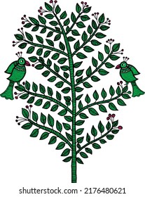 Madhubani painting , indian art , beautiful tree with birds
