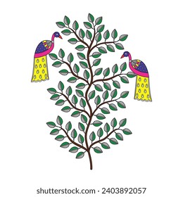 Madhubani painting , indian art , beautiful tree with bird
