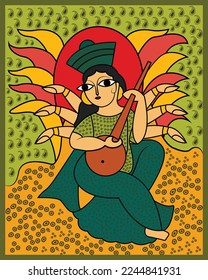 Madhubani painting and Kalighat art showing Saraswati devi with musical instrument. Modern painting, art, illustration, vector.