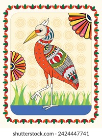 Madhubani Painting of Nature's Grace, Ethereal Heron. Majestätischer Reiher in Madhubani-Kunst, ruhige Naturszene in indischer Volkskunst, lebhafte Madhubani-Gemälde von Reiher und Flora.