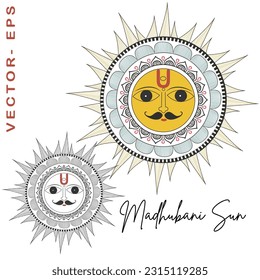 Madhubani Sun a symbol of fertility and prosperity in Madhubani paintings- Sun God - Hand-Drawn Madhubani Sun	
