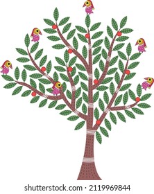 Árbol de Madhubani, pintura mithila, arte indio para textiles, moda, vajilla, papel pintado, portadas de libros