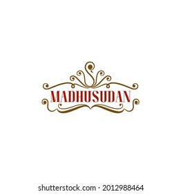 Madhusudan (The Lord Krishna's Another Name In Hindu Culture) Elegant Logo With A Golden Decorative Peacock.  