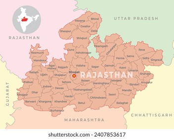 Madhya Pradesh district map with neighbour state