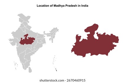 Madhya Pradesh illustration map, Indian states, suitable for education, business, presentations, print, web use, and creative geographic projects. Indian union territory.