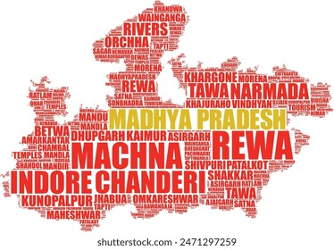 Madhya Pradesh Mapa del estado indio ilustración de nube de palabras