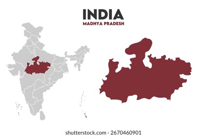 Mapa de Madhya Pradesh Outline, estados indianos, adequado para educação, negócios, apresentações, impressão, uso da web e projetos geográficos criativos. Território da União Indiana.