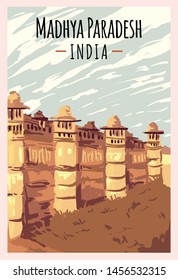 Madhya Pradesh retro poster. Madhya Pradesh travel illustration. States of India greeting card.
