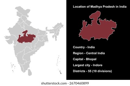 Mapa delineado del estado de Madhya Pradesh India, estados indios, adecuado para educación, negocios, presentaciones, impresión, uso de Web y proyectos geográficos creativos. Territorio de la unión india.