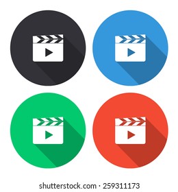 madia player vector icon - colored(gray, blue, green, red) round buttons with long shadow
