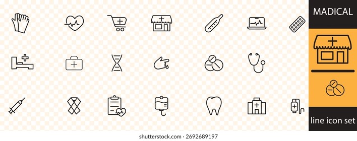 Conjunto de iconos de línea mágica . Accidente cerebrovascular editable, con atención médica, prevención, emergencia, rayos X, resonancia magnética, ambulancia, máscara de oxígeno, píldoras, tanque de oxígeno, medicina. delgado lineal