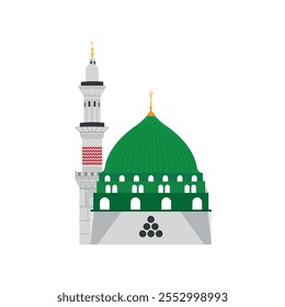 Madina Shareef Mosque Dome and Minaret Illustration Design,Green Dome Design, on White Background