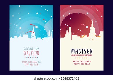 Madison Christmas poster with skyline, cityscape. Winter USA Wisconsin state holiday, New Year vector brochure, website, flyer, leaflet, card layout