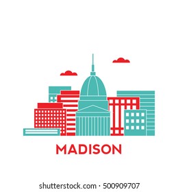 Madison city architecture retro vector illustration, skyline city silhouette, skyscraper, flat design