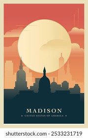 Madison city brutalism poster with abstract skyline, cityscape. USA Wisconsin state retro vector illustration. US travel front cover, brochure, flyer, leaflet, presentation template, layout image