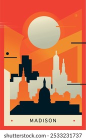 Madison city brutalism poster with abstract skyline, cityscape. USA Wisconsin state retro vector illustration. US travel front cover, brochure, flyer, leaflet, presentation template, layout image