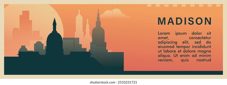 Anuncio de Vector de brutalismo de la ciudad de Madison con horizonte, paisaje urbano. USA Ilustración Horizontal retro del estado de Wisconsin. Estados Unidos de América diseño de viaje para presentación de Web, encabezado, pie de página