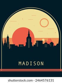 Madison city retro style poster with skyline, cityscape. USA Wisconsin state vintage vector illustration. US front cover, brochure, flyer, leaflet template, layout image