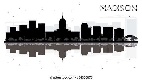 Madison City skyline black and white silhouette with reflections. Vector illustration. Simple flat concept for tourism presentation, banner, placard or web site. Cityscape with landmarks.
