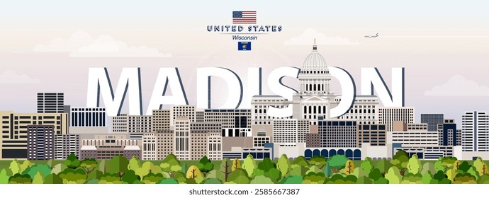 Madison city skyline colorful vector illustration. Travel poster