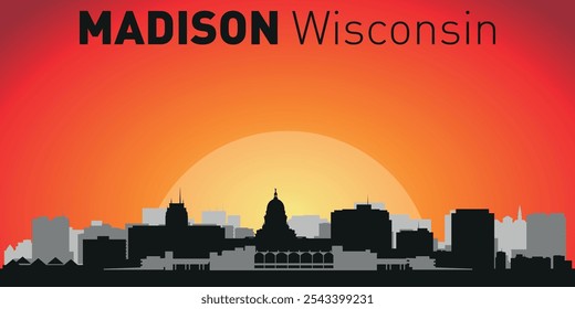 Horizonte de la ciudad de Madison con siluetas de edificios con el telón de fondo de un Grande sol amarillo y cielo naranja. Vector en el fondo de la puesta del sol