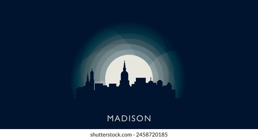 Madison cityscape skyline city panorama vector flat modern banner illustration. USA, Wisconsin state emblem idea with landmarks and building silhouettes at sunrise sunset night