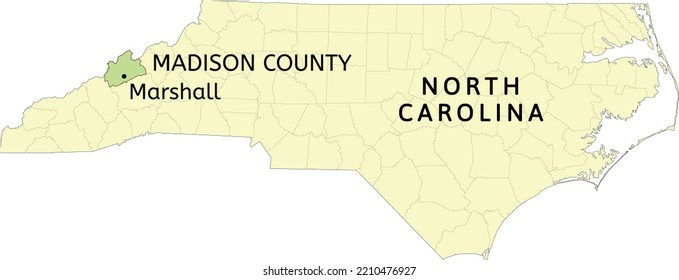 Madison County and town of Marshall location on North Carolina state map