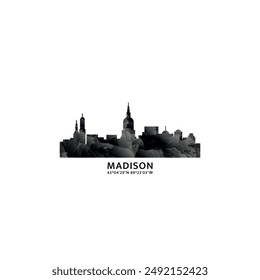 Madison panorama, vector badge, skyline logo and icon. USA, Wisconsin state city horizon logotype with landmarks and building silhouettes. Isolated foggy abstract gradient graphic