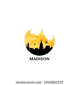 Madison panorama, vector badge, skyline logo and icon. USA, Wisconsin state city horizon round logotype with landmarks and building silhouettes. Isolated gradient graphic