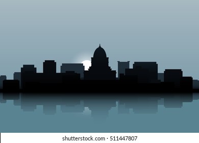 Madison skyline. The capital of the U.S. state of Wisconsin. City skyline in the morning. Morning haze over the city.