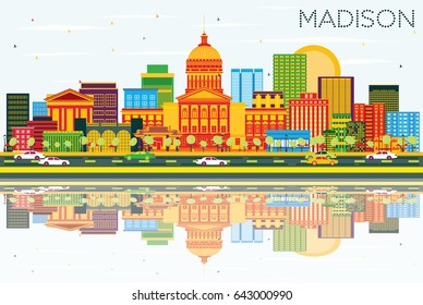 Madison Skyline with Color Buildings, Blue Sky and Reflections. Vector Illustration. Business Travel and Tourism Concept with Modern Buildings. Image for Presentation Banner Placard and Web Site.