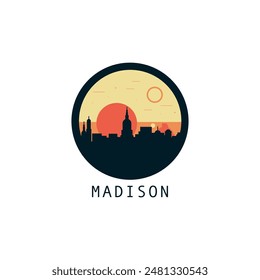 Madison skyline, downtown panorama logo, logotype. USA, Wisconsin state round badge contour, isolated vector vintage pictogram with monuments, landmarks