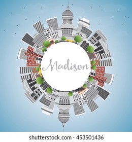 Madison Skyline with Gray Buildings, Blue Sky and Copy Space. Vector Illustration. Business Travel and Tourism Concept with Modern Buildings. Image for Presentation Banner Placard and Web Site.