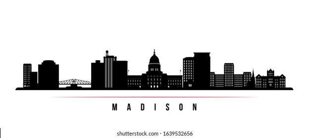 Madison skyline horizontal banner. Black and white silhouette of Madison, Wisconsin. Vector template for your design. 