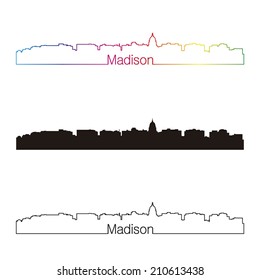 Madison skyline linear style with rainbow in editable vector file