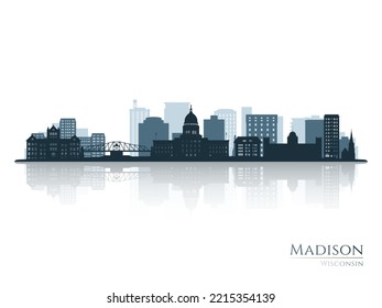 Madison skyline silhouette with reflection. Landscape Madison, Wisconsin. Vector illustration.