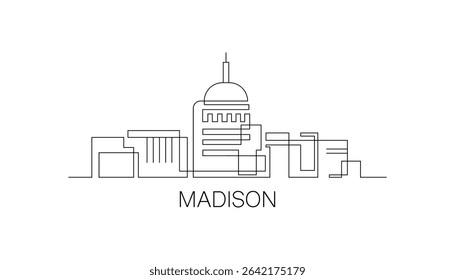 Madison stroke, single art skyline. Continuous urban panorama silhouette outline, vector illustration of USA, Wisconsin state city with buildings, skyscrapers. Thin line icon, logo, card