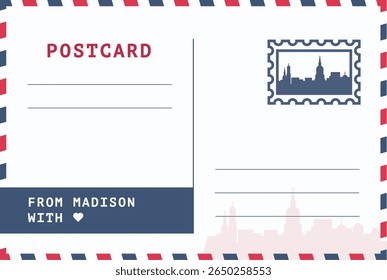 De Madison, modelo de cartão postal dos EUA. Ilustração de cartão-postal vetorial com carimbo, ponto de referência, mensagem. Layout de imagem simples de saudações simples
