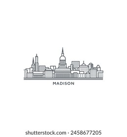 Madison USA Estados Unidos de América, logo del horizonte de la ciudad. Panorama Vector plano US Wisconsin state icon, Formas abstractas de Lugares famosos, rascacielos, panorama, edificios. Estilo de línea fina