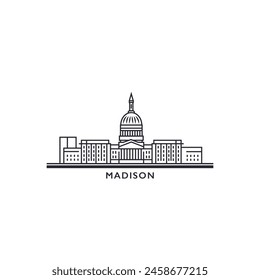 Madison USA United States of America, city skyline logo. Panorama vector flat US Wisconsin state icon, abstract shapes of landmarks, skyscraper, panorama, buildings. Thin line style