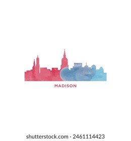 Madison, EE.UU., Wisconsin estado acuarela paisaje urbano horizonte ciudad panorama Vector plano moderno logo, icono. Emblema de los Estados Unidos de América con Lugares famosos y edificios. Gráfico colorido aislado