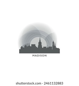 Madison, Wisconsin paisaje urbano paisaje panorama Vector logotipo plano, icono moderno. EE.UU., Estados Unidos Lugares famosos de la ciudad y siluetas de construcción, Clipart aislado en el atardecer, amanecer, gris noche