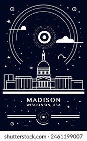 Madison, Wisconsin USA city creative poster with abstract thin line cityscape and skyline. Chalkboard style vector black and white illustration, vertical graphic for United States of America