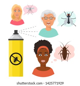 Madly frightened eldery and young woman faces and mosquito and fly. Black girl afraid of a cockroach. Aerosol spray. Arachnophobia panic attack. Colorful flat style cartoon vector illustration