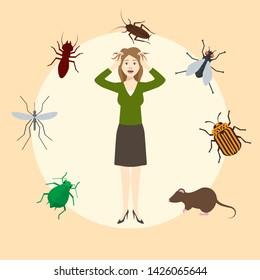 Madly frightened woman. Girl afraid of pests. Cockroach, mouse, rat, mosquito, fly, bugs in a circled infographics. Arachnophobia panic attack. Colorful flat style cartoon vector illustration.