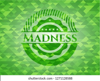Madness green emblem with triangle mosaic background