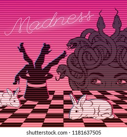 Madness. Vector poster with hand drawn illustration of Gorgon. Creative trendy artwork made in vaporwave style. Template for card, poster, banner, print for t-shirt, pin, badge, patch.