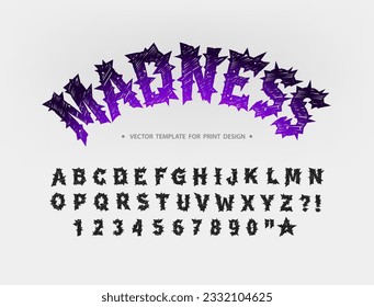 Madness - y2k rock style tattoo type font with thorns vector template. Street Art grunge type font alphabet. Death Metal Rock or Gothic style alpabet lettering for tee print and textile design 