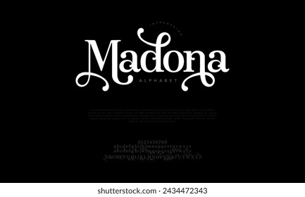 Madona premium luxury elegant alphabet letters and numbers. Elegant wedding typography classic serif font decorative vintage retro. Creative vector illustration