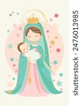 Madonna and Child, vector illustration of Our Lady Virgin Mary with little Jesus Christ in soft pastel colours, holy family in stars, cartoon illustration for kids bible story, suitable for greeting 